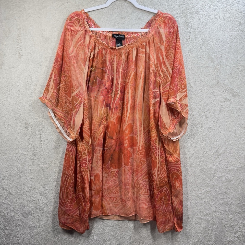 Maggie Barnes Sheer Blouse Plus 3X Orange Whimsical Fairy